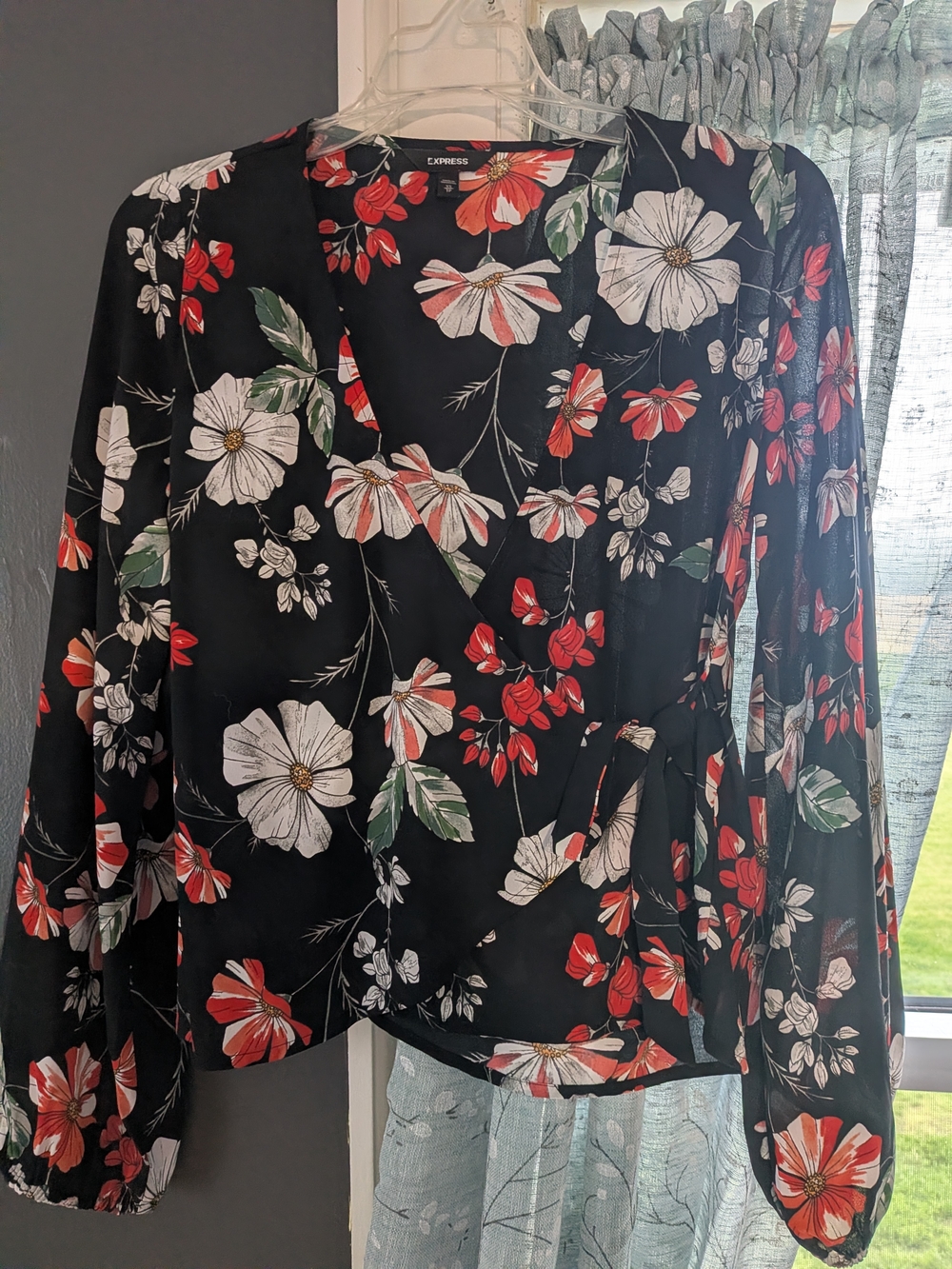Express Black Floral Wrap Blouse - Red & White Floral